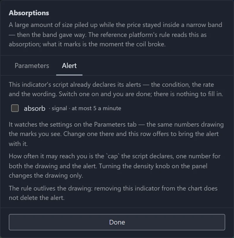 The Absorptions settings on the Alert tab: a switch for the absorb signal with how often it may reach you, and notes on what the rule watches.