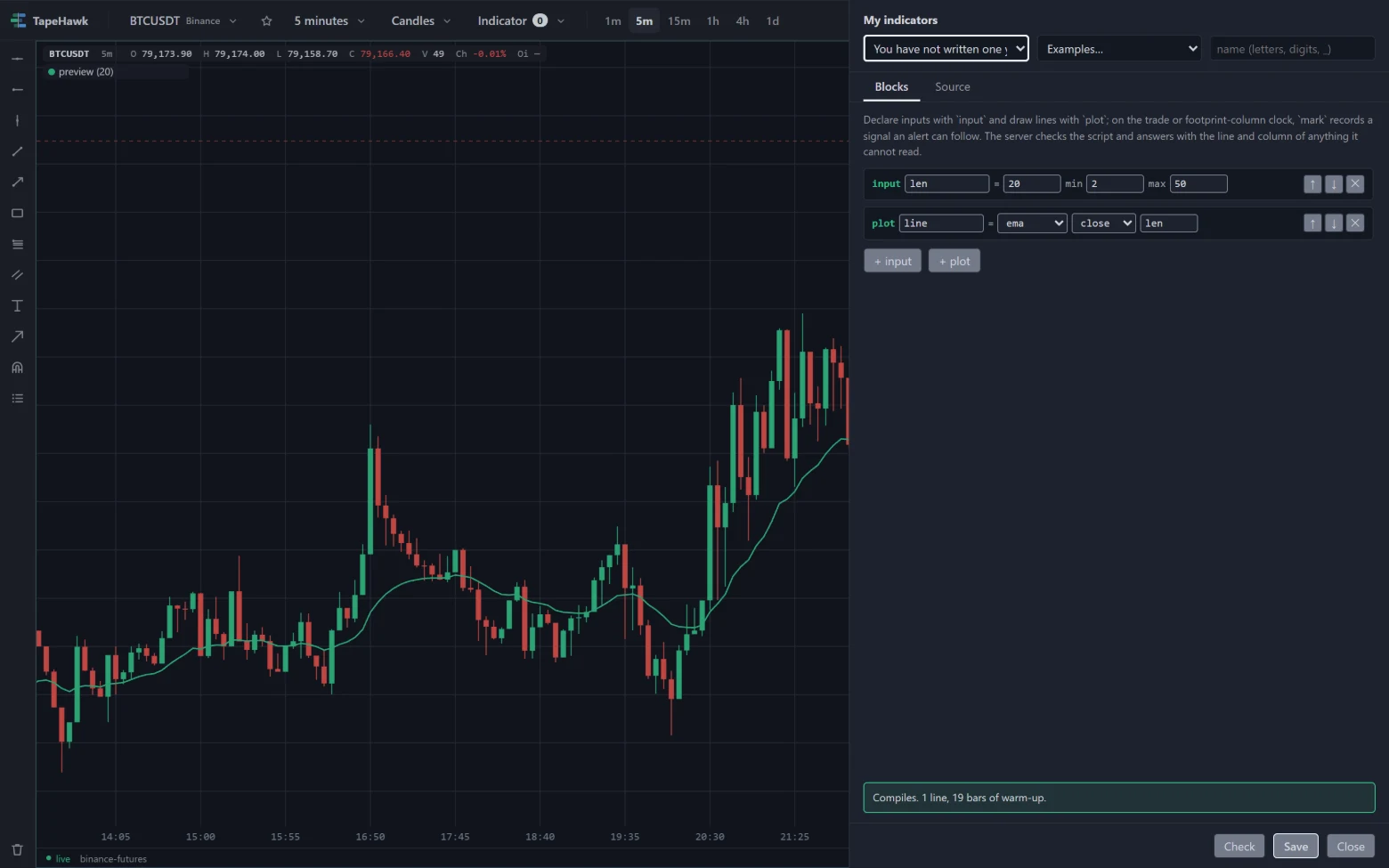 The My indicators dialog open beside a BTCUSDT candles panel: the starter script on the Blocks tab, the check reading Compiles at the foot, and its line drawn over the candles as a preview.