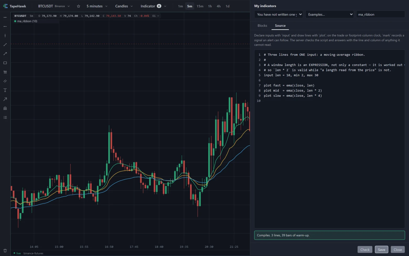 The Source tab with the MA ribbon example loaded, its comments above the script, the check reading Compiles with 3 lines, and three lines drawn over the candles to the left.