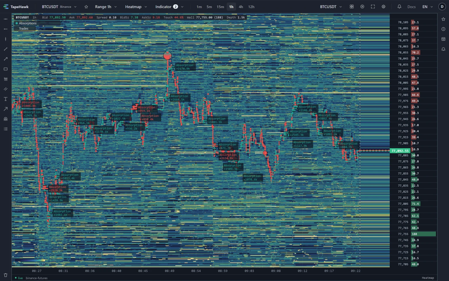 A BTCUSDT heatmap on a 1h range with Absorptions marks along the price, each with a small plate.