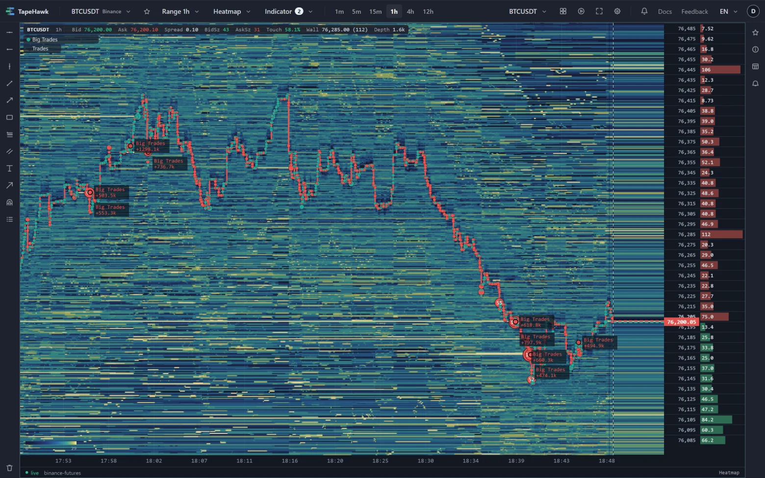 A BTCUSDT heatmap on a 1h range with Big Trades circles along the price, each with a small plate.