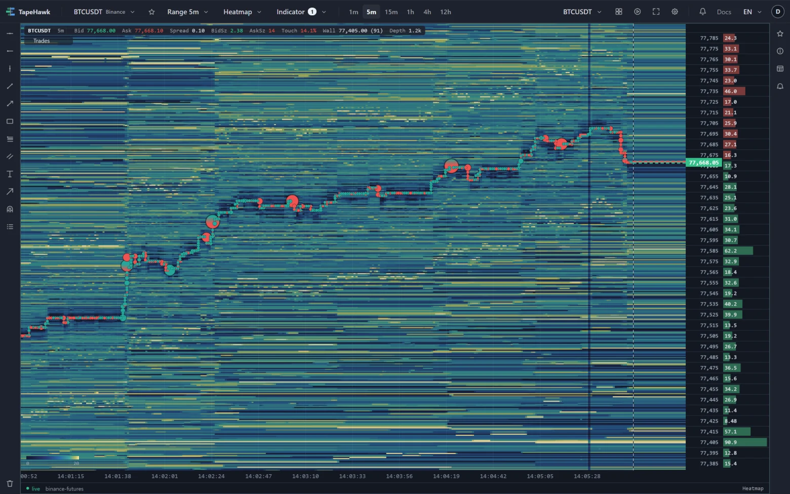 The TapeHawk chart: a BTCUSDT liquidity heatmap over a 5-minute range, with trades drawn along the price and the order book's sizes listed beside the price axis on the right.